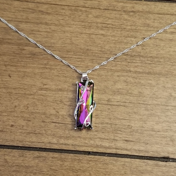 CRYSTAL GLASS NECKLACE Rainbow Silver Long Chain - Picture 6 of 6